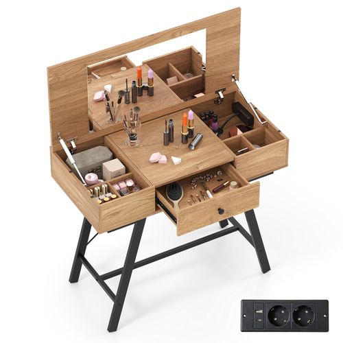 2 En 1 Coiffeuse Avec Miroir, Coiffeuse Avec Rangement, Station De Charge, 6 Compartiments (naturel)