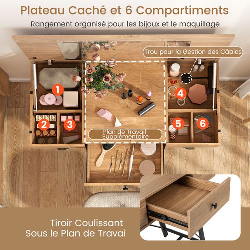 2 En 1 Coiffeuse Avec Miroir, Coiffeuse Avec Rangement, Station De Charge, 6 Compartiments (naturel)