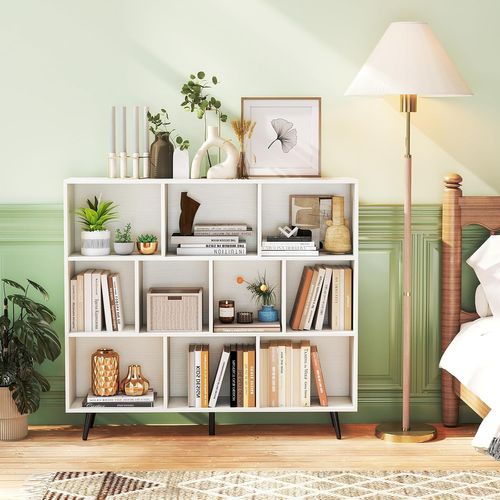Bibliothèque Étagère à 10 Cubes,120 Cm Étagère De Rangement Scandinave Avec 5 Pieds Métallique,blanc