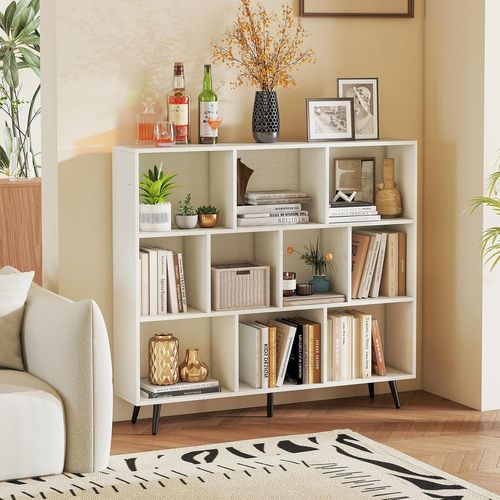 Bibliothèque Étagère à 10 Cubes,120 Cm Étagère De Rangement Scandinave Avec 5 Pieds Métallique,blanc