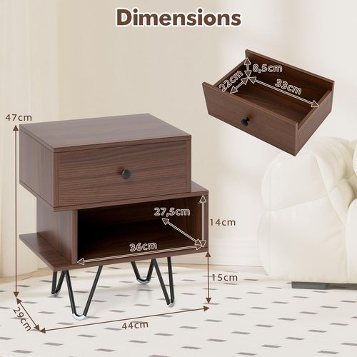 Table De Chevet Lot De 2 Avec Tiroir, 4 Pieds En Métal Surélevés, Table De Nuit (noyer)