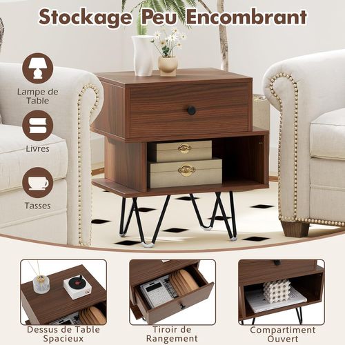 Table De Chevet Lot De 2 Avec Tiroir, 4 Pieds En Métal Surélevés, Table De Nuit (noyer)