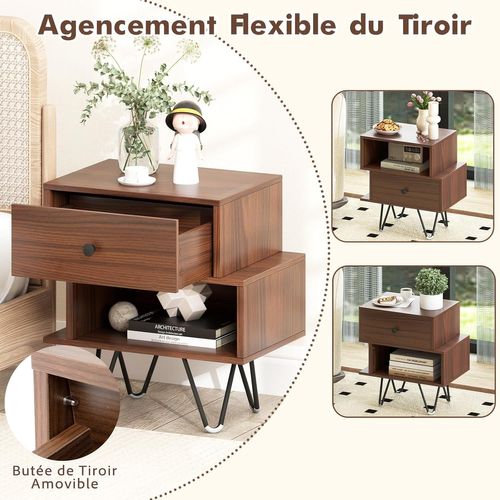 Table De Chevet Lot De 2 Avec Tiroir, 4 Pieds En Métal Surélevés, Table De Nuit (noyer)