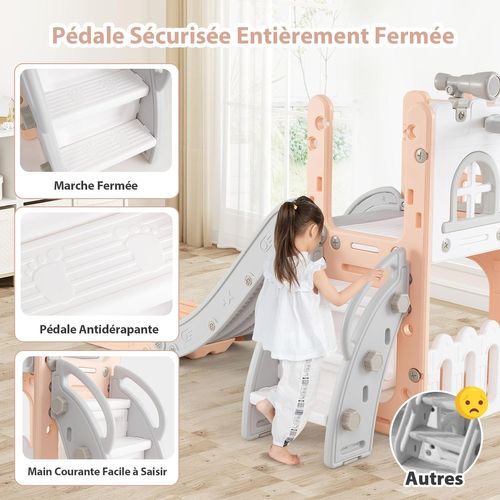 6 En 1 Toboggan Enfant En Hdpe Avec Panier De Basket et Télescope, Aire De Jeux (rose+gris)
