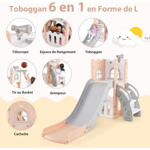 6 En 1 Toboggan Enfant En Hdpe Avec Panier De Basket et Télescope, Aire De Jeux (rose+gris)