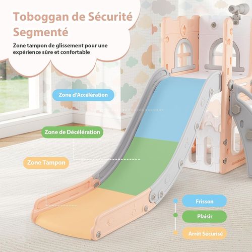 6 En 1 Toboggan Enfant En Hdpe Avec Panier De Basket et Télescope, Aire De Jeux (rose+gris)