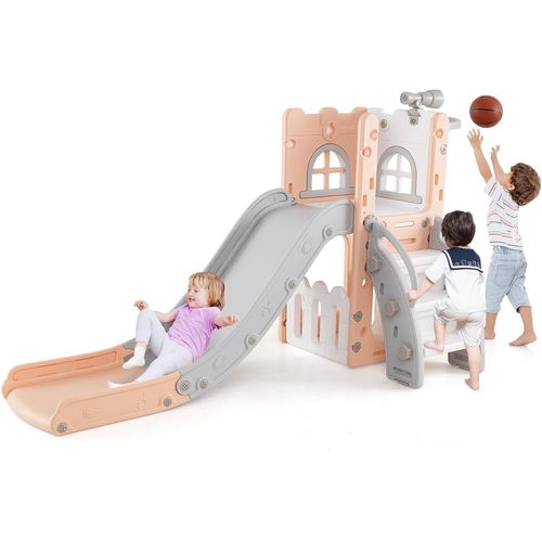 6 En 1 Toboggan Enfant En Hdpe Avec Panier De Basket et Télescope, Aire De Jeux (rose+gris)