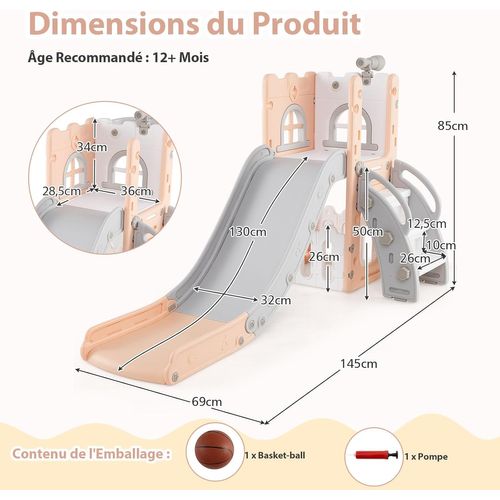 6 En 1 Toboggan Enfant En Hdpe Avec Panier De Basket et Télescope, Aire De Jeux (rose+gris)
