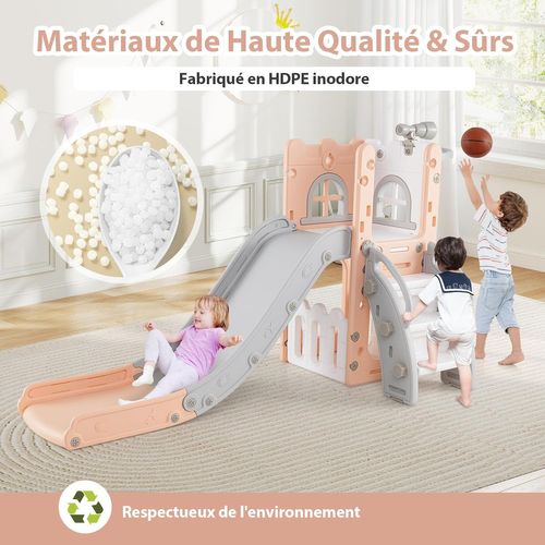 6 En 1 Toboggan Enfant En Hdpe Avec Panier De Basket et Télescope, Aire De Jeux (rose+gris)