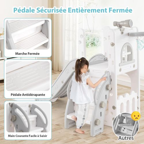 6 En 1 Toboggan Enfant En Hdpe Avec Panier De Basket et Télescope, Aire De Jeux (gris+blanc)