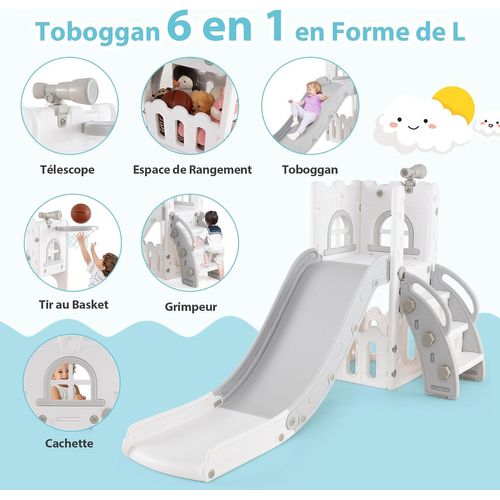 6 En 1 Toboggan Enfant En Hdpe Avec Panier De Basket et Télescope, Aire De Jeux (gris+blanc)