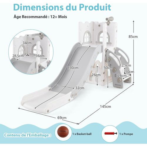 6 En 1 Toboggan Enfant En Hdpe Avec Panier De Basket et Télescope, Aire De Jeux (gris+blanc)