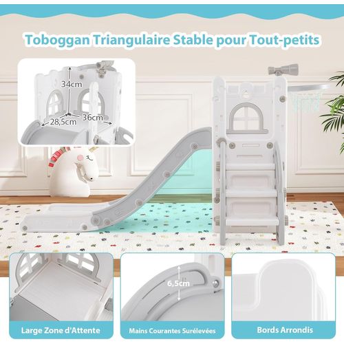 6 En 1 Toboggan Enfant En Hdpe Avec Panier De Basket et Télescope, Aire De Jeux (gris+blanc)