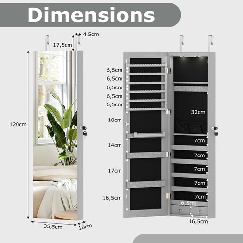 Armoire à Bijoux Mural Avec Miroir Et Lumière LED Armoire De Rangement Accrochée à La Porte (gris)