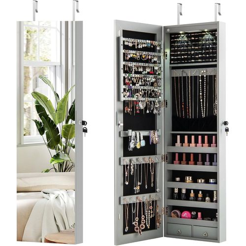 Armoire à Bijoux Mural Avec Miroir Et Lumière LED Armoire De Rangement Accrochée à La Porte (gris)