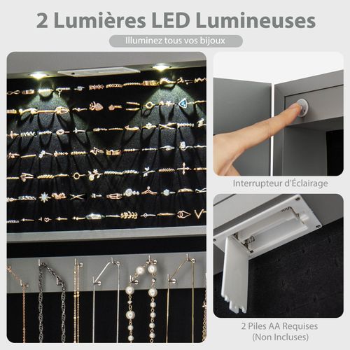 Armoire à Bijoux Mural Avec Miroir Et Lumière LED Armoire De Rangement Accrochée à La Porte (gris)