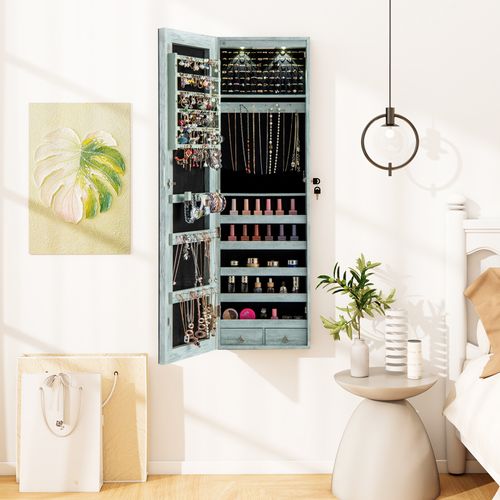 Armoire à Bijoux Mural Avec Miroir Et Lumière LED Armoire De Rangement Accrochée à La Porte (bleu)