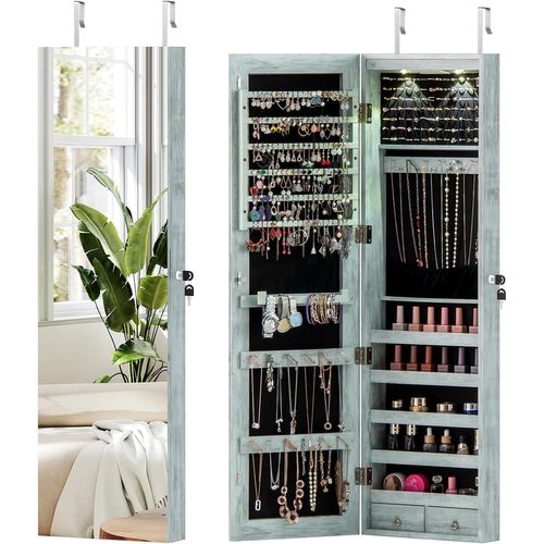 Armoire à Bijoux Mural Avec Miroir Et Lumière LED Armoire De Rangement Accrochée à La Porte (bleu)