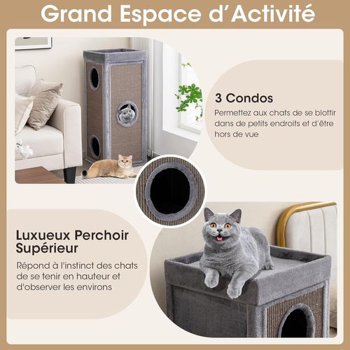 Maison Pour Chat à 4 Étages, Tonneau Griffoir Chat, 3 Condos, 2 Planches à Griffer, 40 × 40 × 99 Cm