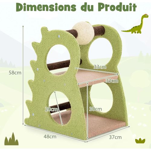 Petit Arbre à Chat à 2 Niveaux 58 Cm, Arbre à Chat Design En Forme De Dinosaure,48 X 37 X 58 Cm