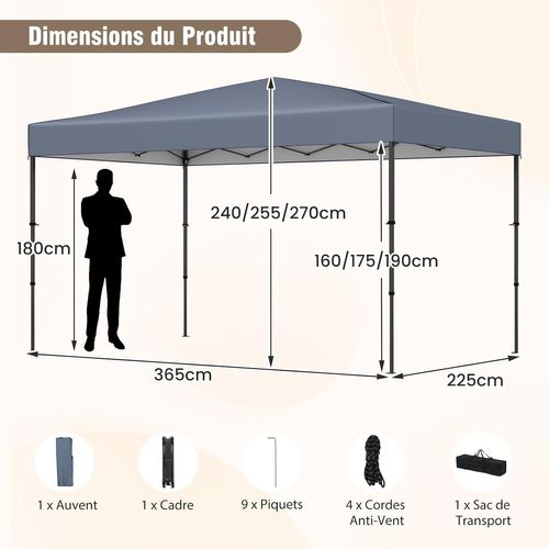Tonnelle De Jardin Pliable 365 X 225cm, Tente De Jardin Portable Avec Sac De Transport  (gris)