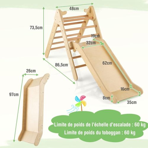 2 En 1 Triangle D'escalade En Bois Avec Toboggan, Charge 60kg Pour Enfants De 1 An+