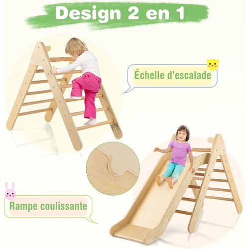 2 En 1 Triangle D'escalade En Bois Avec Toboggan, Charge 60kg Pour Enfants De 1 An+
