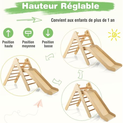 2 En 1 Triangle D'escalade En Bois Avec Toboggan, Charge 60kg Pour Enfants De 1 An+