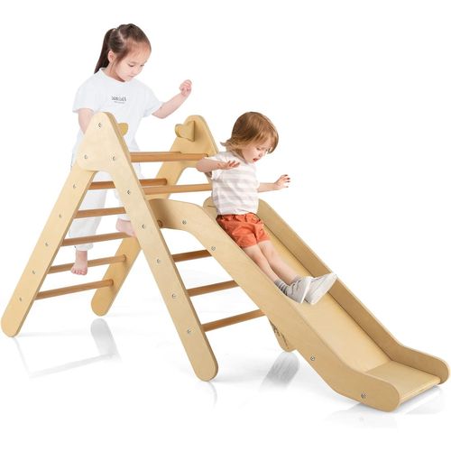 2 En 1 Triangle D'escalade En Bois Avec Toboggan, Charge 60kg Pour Enfants De 1 An+
