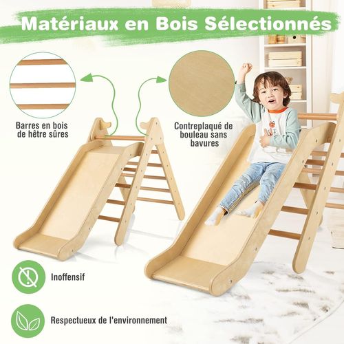2 En 1 Triangle D'escalade En Bois Avec Toboggan, Charge 60kg Pour Enfants De 1 An+