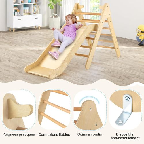 2 En 1 Triangle D'escalade En Bois Avec Toboggan, Charge 60kg Pour Enfants De 1 An+