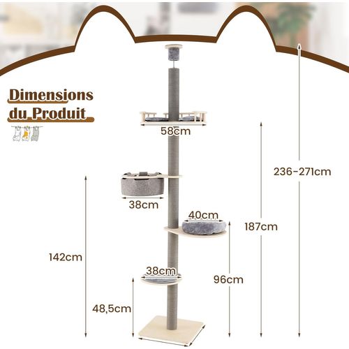 Arbre à Chat Plafond En Bois, Arbre à Chat XXL à 5 Niveaux, 4 Plateformes,(236-271 Cm,gris Foncé)