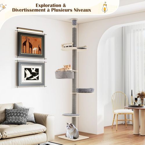 Arbre à Chat Plafond En Bois, Arbre à Chat XXL à 5 Niveaux, 4 Plateformes,(236-271 Cm,gris Foncé)