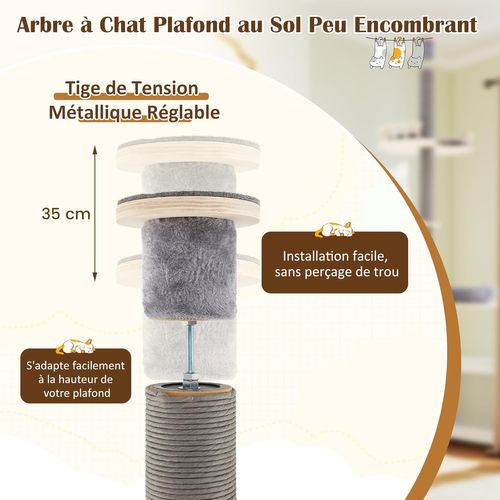 Arbre à Chat Plafond En Bois, Arbre à Chat XXL à 5 Niveaux, 4 Plateformes,(236-271 Cm,gris Foncé)