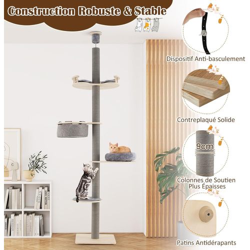Arbre à Chat Plafond En Bois, Arbre à Chat XXL à 5 Niveaux, 4 Plateformes,(236-271 Cm,gris Foncé)