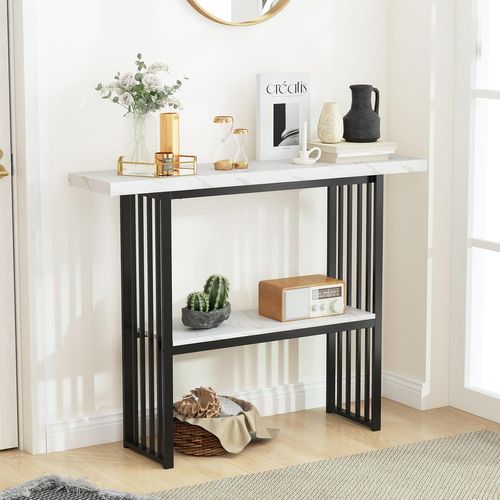 Table Console Marbre à 2 Niveaux Scandinave, Meuble D'entrée Doré Cadre En Métal (noir+blanc)