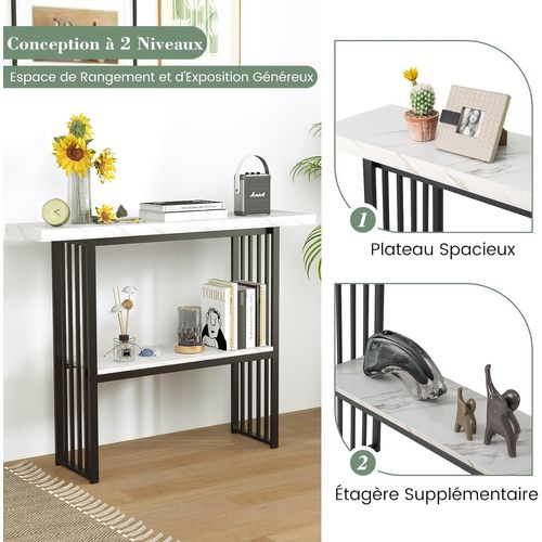 Table Console Marbre à 2 Niveaux Scandinave, Meuble D'entrée Doré Cadre En Métal (noir+blanc)