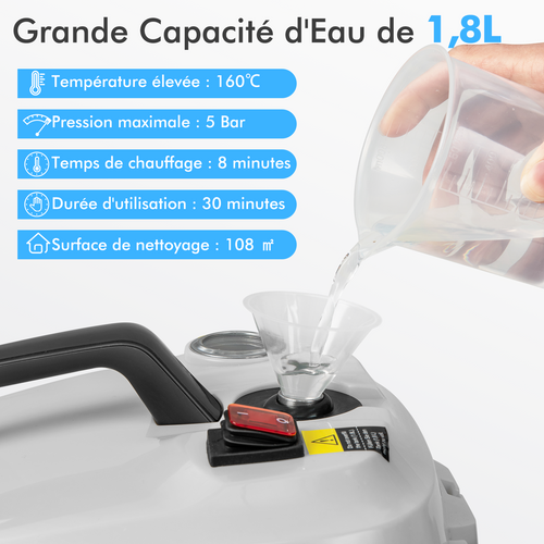 Nettoyeur Vapeur Pression 2000w Avec 15 Accessoires, Balai Vapeur Pressurisé 5 Bars Réservoir 1,8l