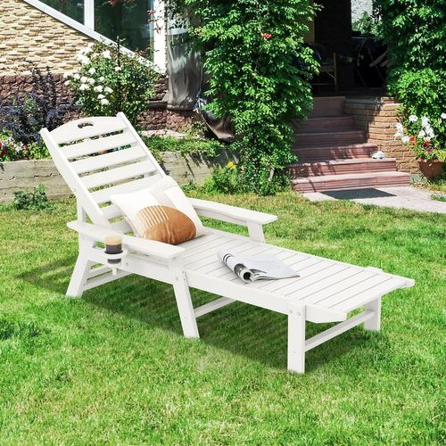 Chaise Longue Jardin Exterieur En Hdpe,197 X 75.5 X 40.5cm, Charge 150 Kg, Blanc