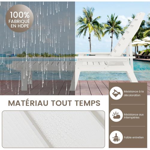 Chaise Longue Jardin Exterieur En Hdpe,197 X 75.5 X 40.5cm, Charge 150 Kg, Blanc