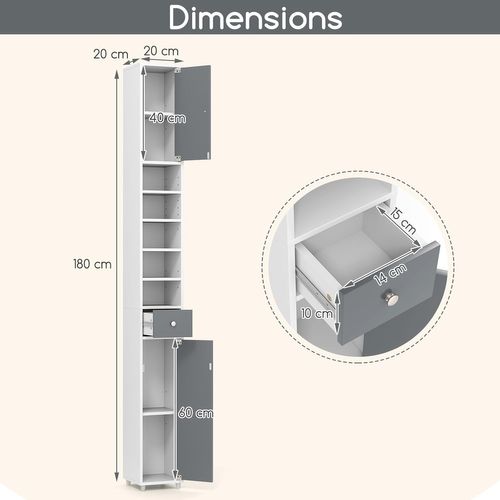 Meuble De Rangement Salle De Bain,meuble Colonne Avec 2 Placards à Porte,20x20x180cm(gris+blanc)