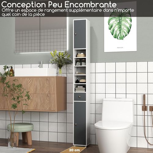 Meuble De Rangement Salle De Bain,meuble Colonne Avec 2 Placards à Porte,20x20x180cm(gris+blanc)