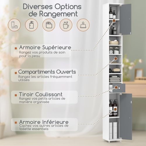 Meuble De Rangement Salle De Bain,meuble Colonne Avec 2 Placards à Porte,20x20x180cm(gris+blanc)