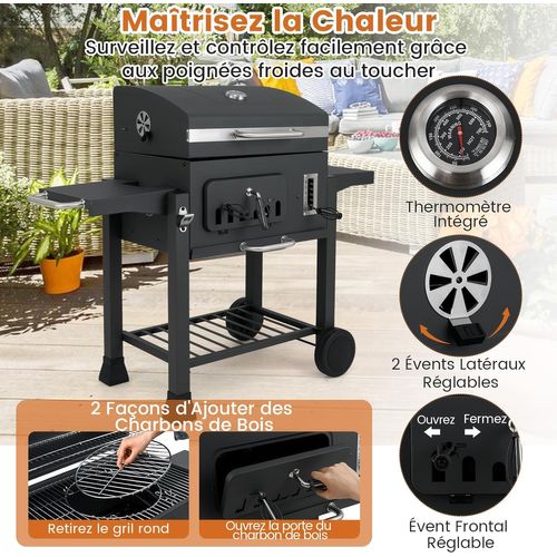 Barbecue à Charbon De Bois Extérieur Avec Tables Latérales Pliantes Plateau à Charbon