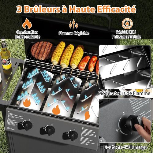 Barbecue Gaz Propane 3 Brûleurs, 24,000 Btu Avec Grilles En Acier Inoxydable et Roulettes