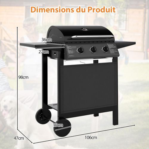 Barbecue Gaz Propane 3 Brûleurs, 24,000 Btu Avec Grilles En Acier Inoxydable et Roulettes