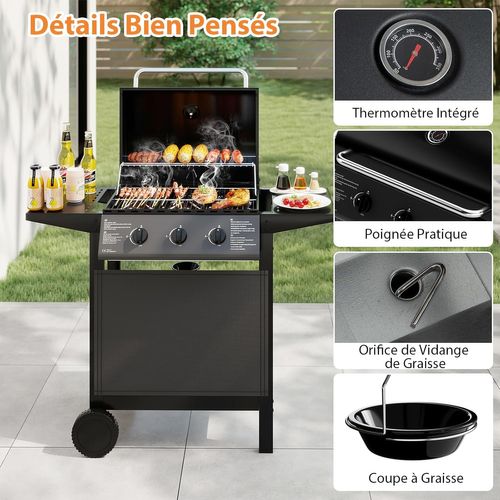 Barbecue Gaz Propane 3 Brûleurs, 24,000 Btu Avec Grilles En Acier Inoxydable et Roulettes