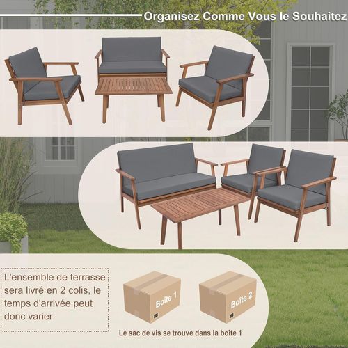 Ensemble De Meubles D'extérieur 4 Pièces En Bois D'acacia, Salon De Jardin Avec Table Basse (gris)