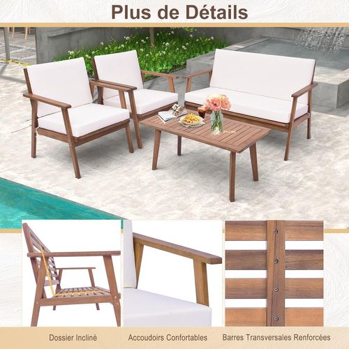 Ensemble De Meubles D'extérieur 4 Pièces En Bois D'acacia, Salon De Jardin Avec Table Basse (blanc)