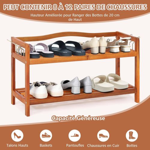 Etagere Chaussure à 2 Niveaux En Bois D’acacia, Crochets Métalliques Latéraux (2 Niveaux)